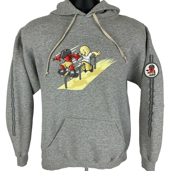 Vintage Skateboarding Devil Demon Hoodie Mens Medium Hooded Sweatshirt 90s Gray - Picture 2 of 6